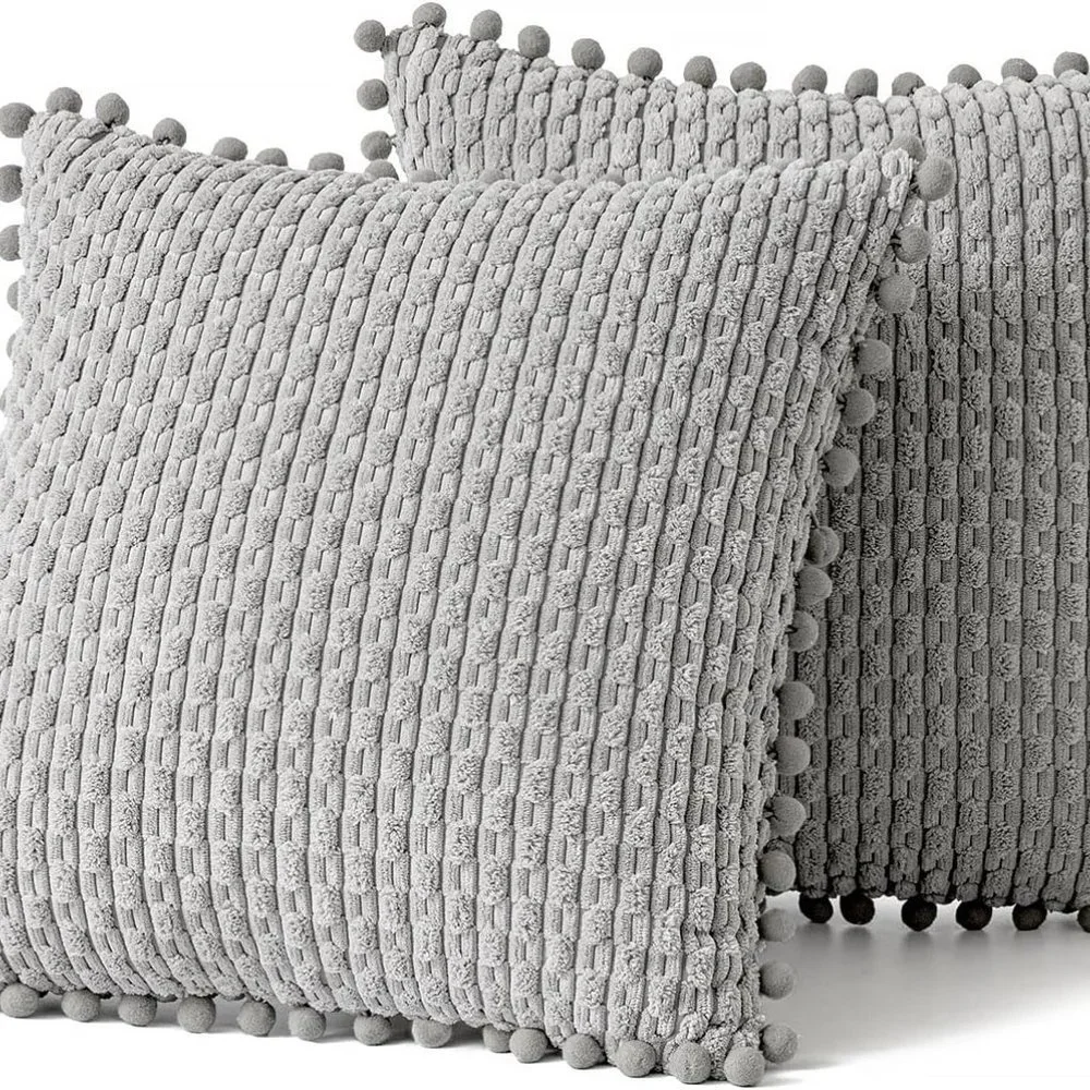 Pompom Grey Stripe Texture Corduroy Farmhouse Cute Luxury Soft Pillow Cover Set
